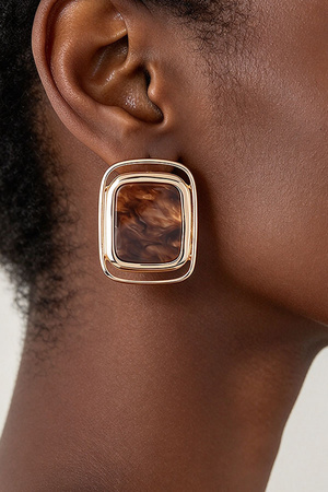 Marbled Resin Gold Tone Geometric Frame Stud Earrings