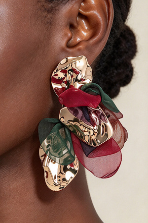 Hammered Gold Multi Color Organza Petal Statement Earrings