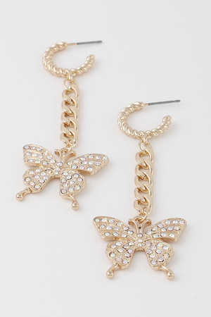 Bejeweled Curb Chained Butterfly Drop Earrings.