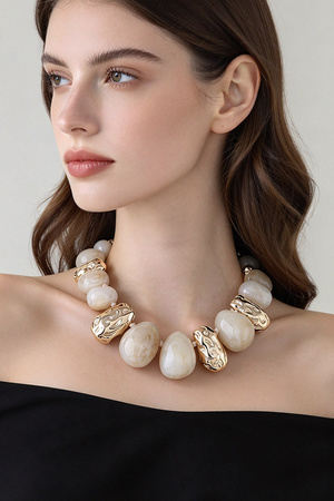 Chunky Resin & Hammered Gold Bead Statement Neck & earring set