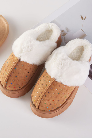 Bejeweled Fuzzy Platform Slippers