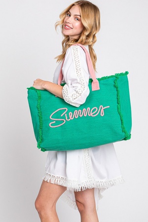 SEWN ROPE SUMMER LETTER FRINGED CANVAS BAG