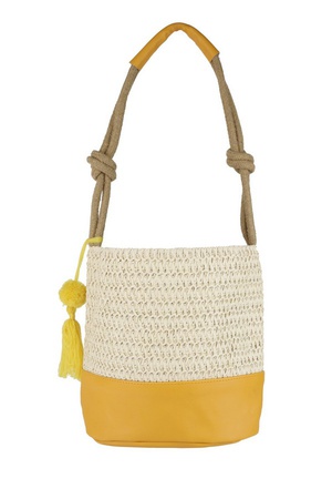 PU BOTTOM STRAW BUCKET BAG WITH TASSEL.
