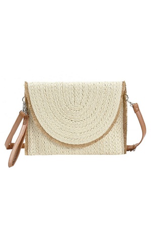 FRAYED TRIM TWO TONE STRAW CLUTCH & CROSSBODY BAG.