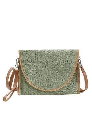 FRAYED TRIM TWO TONE STRAW CLUTCH & CROSSBODY BAG.