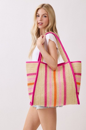Natural Straw Tote With Multi Color Stripes