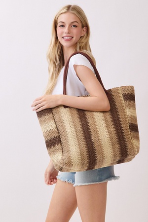 Natural Brown Multi Color Stripe Straw Tote Bag