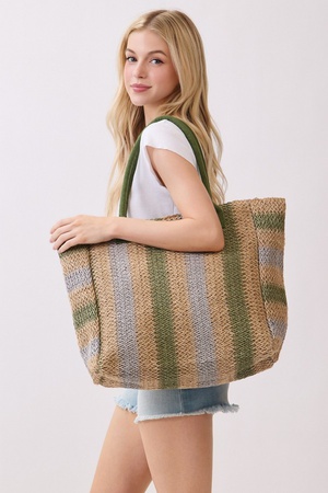 Natural Brown Multi Color Stripe Straw Tote Bag