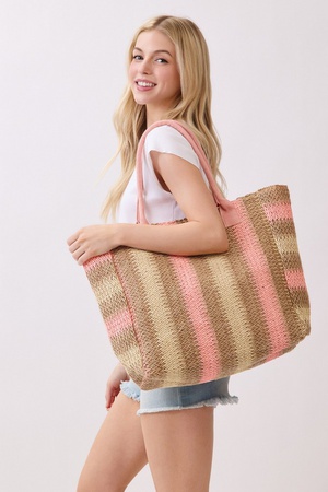 Natural Brown Multi Color Stripe Straw Tote Bag