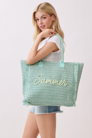 Woven Straw Fringe Tote With Summer Embroidery And Gold Lurex Detail