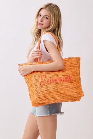 Woven Straw Fringe Tote With Summer Embroidery And Gold Lurex Detail