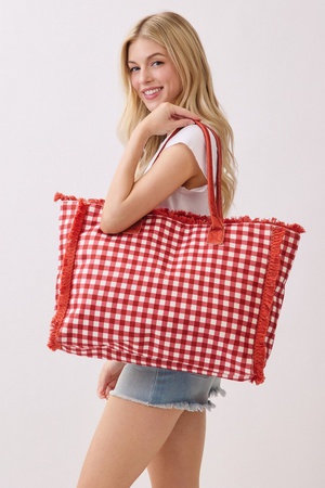Gingham Check Terry Cloth Frayed Tote Bag