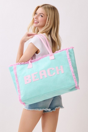 Embroidered Beach Letter Terry Cloth Frayed Tote Bag