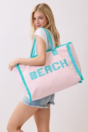 Embroidered Beach Letter Terry Cloth Frayed Tote Bag