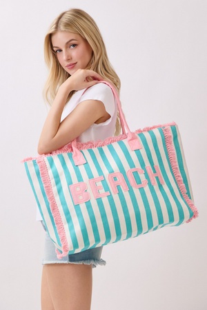 Embroidered Beach Letter Terry Cloth Frayed Striped Tote Bag