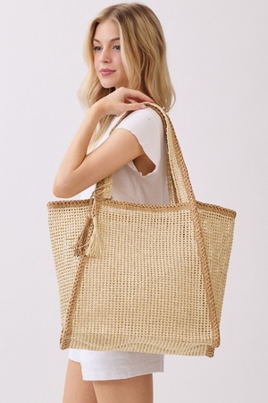Two Tone Woven Straw Tote Bag With Tassel.