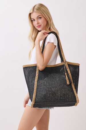 Two Tone Woven Straw Tote Bag With Tassel.