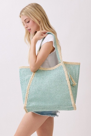 Two Tone Woven Straw Tote Bag With Tassel.