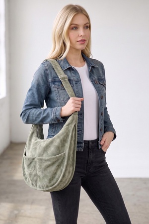 Faux Suede Hobo Bag With Dual Exterior Slip Pockets & Adjustable Strap