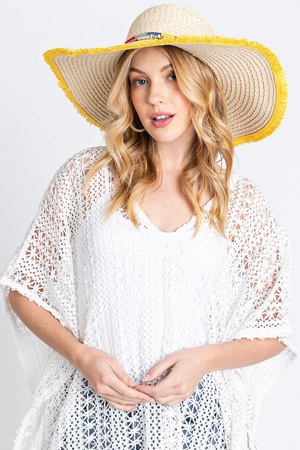COLORED FRAYED FLOPPY STRAW HAT WITH MULTI BANDS