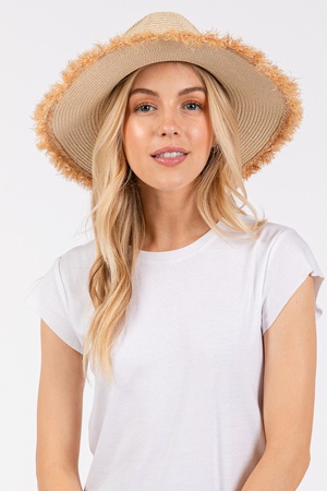 FRAYED BAND AND TRIM STRAW SUN HAT.