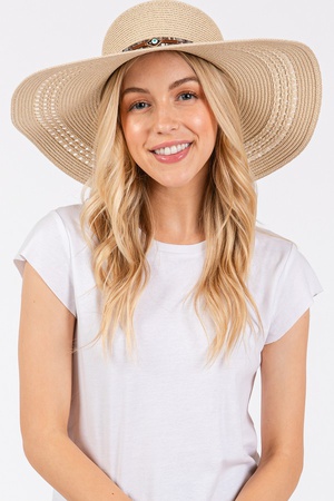 WIDE BRIM STRAW HAT WITH EVIL EYE  AND MULTI DESIGN BAND.
