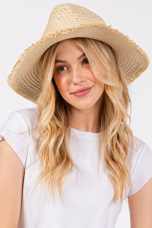 FRAYED STRAW SUN HAT WITH BRAIDED STARFISH BAND.