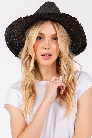 FRAYED STRAW SUN HAT WITH BRAIDED STARFISH BAND.