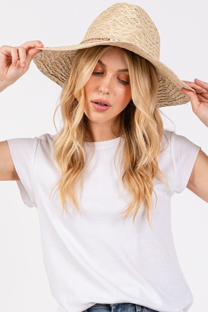 STRAW SUN HAT WITH STRAW BRAIDED EVIL EYE.