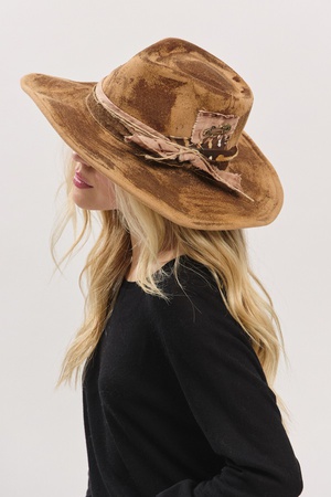 Vintage Versatile Shapeable Cowgirl & Fedora Hat With Feather & Distressed Fabric Band
