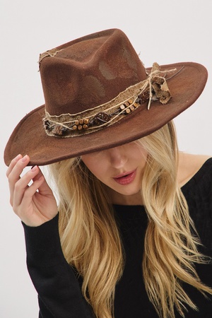 Vintage Versatile Shapeable Cowgirl & Fedora Hat With Feather & Distressed Fabric Band