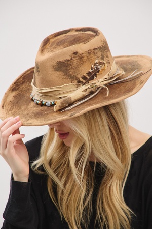 Vintage Versatile Shapeable Cowgirl & Fedora Hat With Feather & Distressed Fabric Band