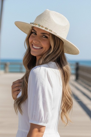Straw Fedora Hat With Turquoise Stone Band