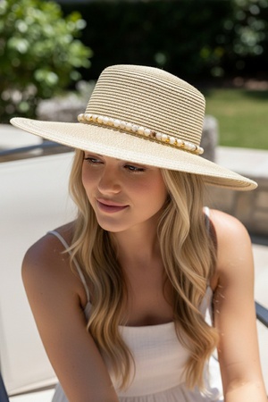 Shimmer Straw Sun Hat With Beaded Band