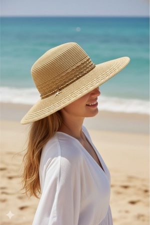 Wide Brim Straw Sun Hat With Starfish Charm And Sequin Band