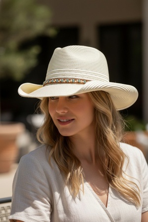 Straw Cowboy Hat With Multicolor Beaded Band