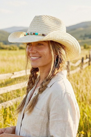 Straw Cowboy Hat With Stone & Woods Beads