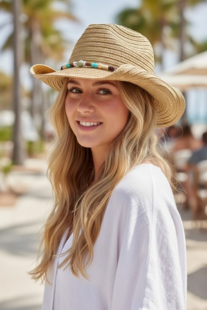 Straw Cowboy Hat With Stone & Woods Beads