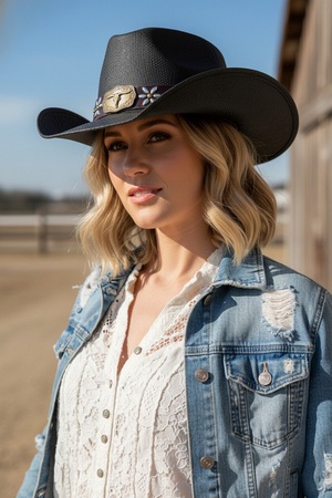 Distressed Straw Cowboy Hat With Metal Bull Buckle