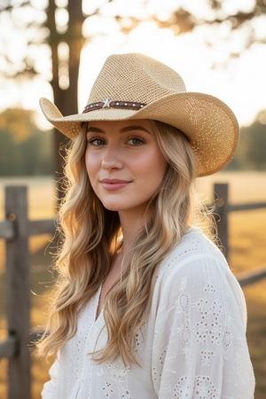 Straw Cowboy Hat With Silver Studs And Stars