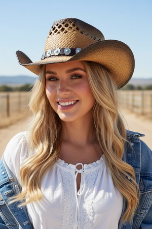 Aged Look, Two Tone Cowboy Hat With Turquoise Stone On Faux Leather Band