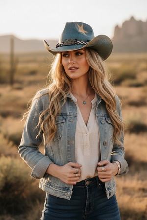 Distressed Cowboy Hat With Brass-Cplored Eagle Buckle, Braided Rope & Stars.