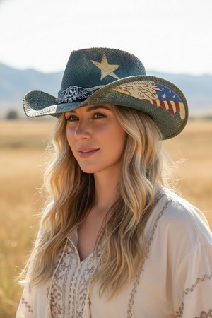 Distressed Cowboy Hat With The Letters Usa And American Flag Design.