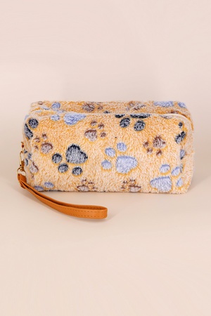 Faux Fur Paw Print Pouch Wristlet