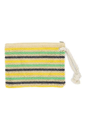 ROPE HANDLE MULTI COLOR STRIPED STRAW CROCHET POUCH.