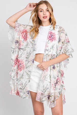 RUFFLE LINED ROSE PRINT OPEN FRONT COVER UP.
