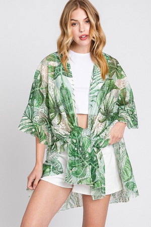 RUFFLE LINED TROPICAL LEAVES PRINT OPEN FRONT COVER UP.