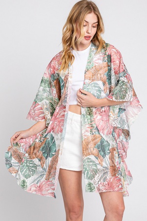 RUFFLE LINED TROPICAL LEAVES PRINT OPEN FRONT CROCHET COVER UP.
