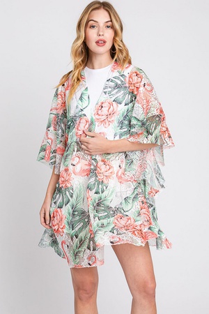 RUFFLE LINED TROPICAL FLAMINGO PRINT OPEN FRONT CROCHET COVER UP