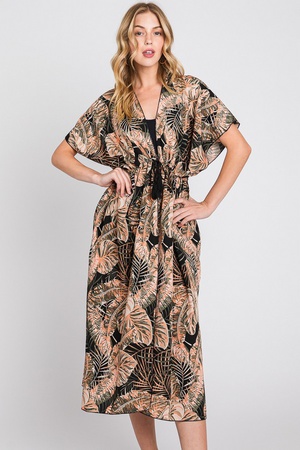TROPICAL LEAVES PRINT SELF-TIE DRAWSTRING OPEN FRONT COVER UP.